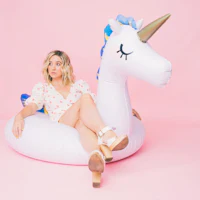 a woman sitting on a unicorn shaped pool float